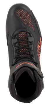 Alpinestars Faster-3 Rideknit® Shoes, Motorcycle Riding Shoes, Black and Red Fluorescent, top-down view, featuring breathable knit panels and microfiber construction with red logo details