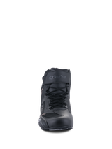 Alpinestars Faster-3 Rideknit® Shoes, Motorcycle Riding Shoes, Black Black, front view showing laces and Velcro ankle strap, lightweight microfiber and mesh construction