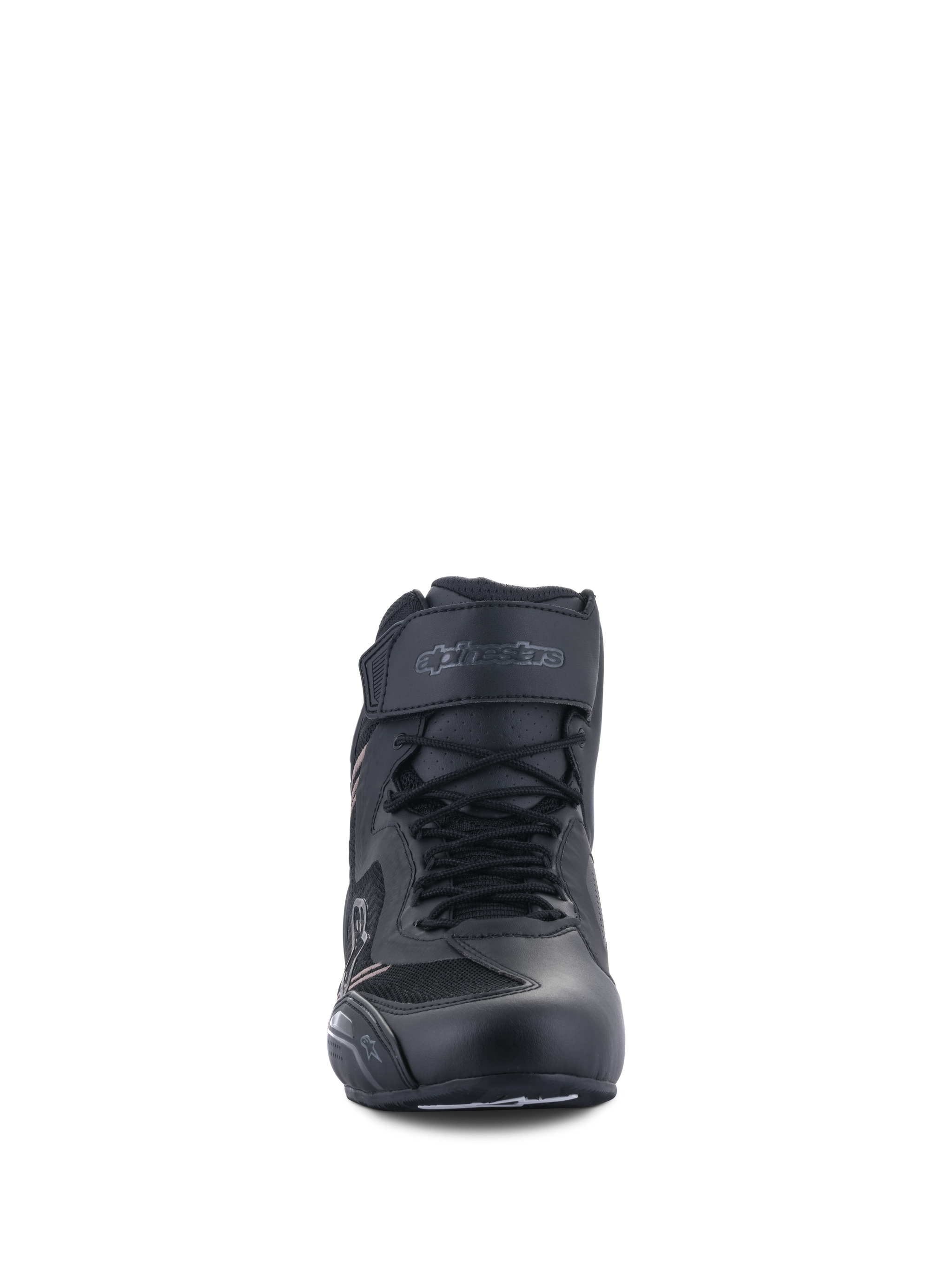Alpinestars Faster-3 Rideknit® Shoes, Motorcycle Riding Shoes, Black Black, front view showing laces and Velcro ankle strap, lightweight microfiber and mesh construction