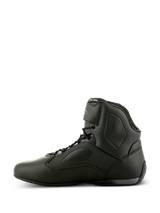 Alpinestars Faster-3 Rideknit® Shoes, Black Black Motorcycle Riding Shoes, side profile view, sleek microfiber chassis with perforated panels, high-top design with lace-up closure and ankle strap, performance road racing footwear