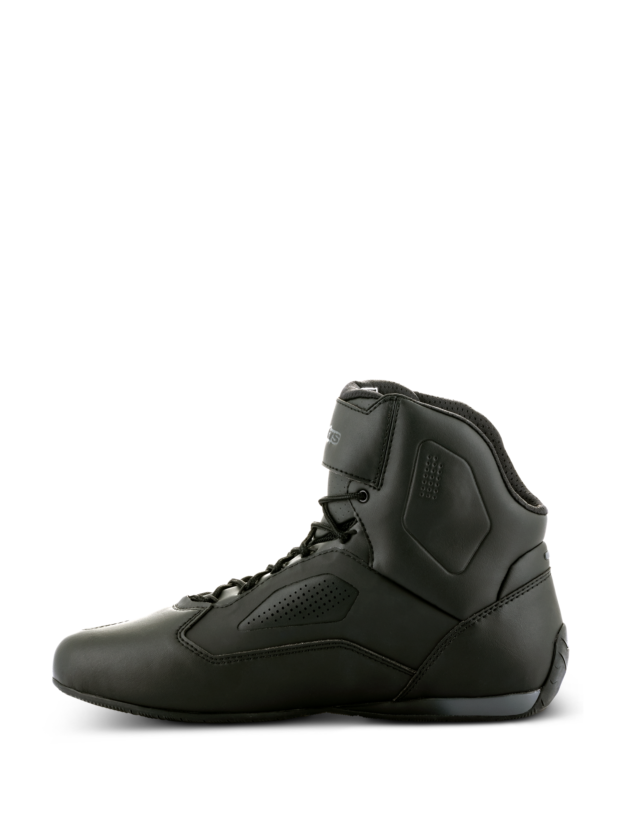 Alpinestars Faster-3 Rideknit® Shoes, Black Black Motorcycle Riding Shoes, side profile view, sleek microfiber chassis with perforated panels, high-top design with lace-up closure and ankle strap, performance road racing footwear