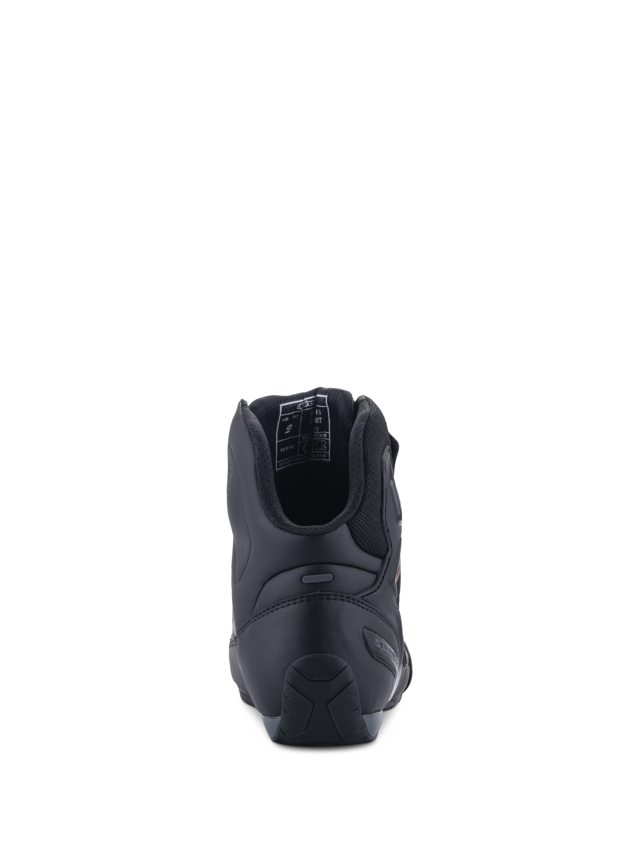Alpinestars Faster-3 Rideknit® Shoes, Rear View, Black Black, showing TPR heel counter for lateral support, microfiber chassis with breathable mesh lining, performance road racing motorcycle footwear