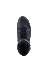 Alpinestars Faster-3 Rideknit® Shoes, Motorcycle Riding Shoes, Black, top-down view showing the lacing system and ankle strap, featuring a blend of breathable mesh and microfiber, sporty design for performance road riding