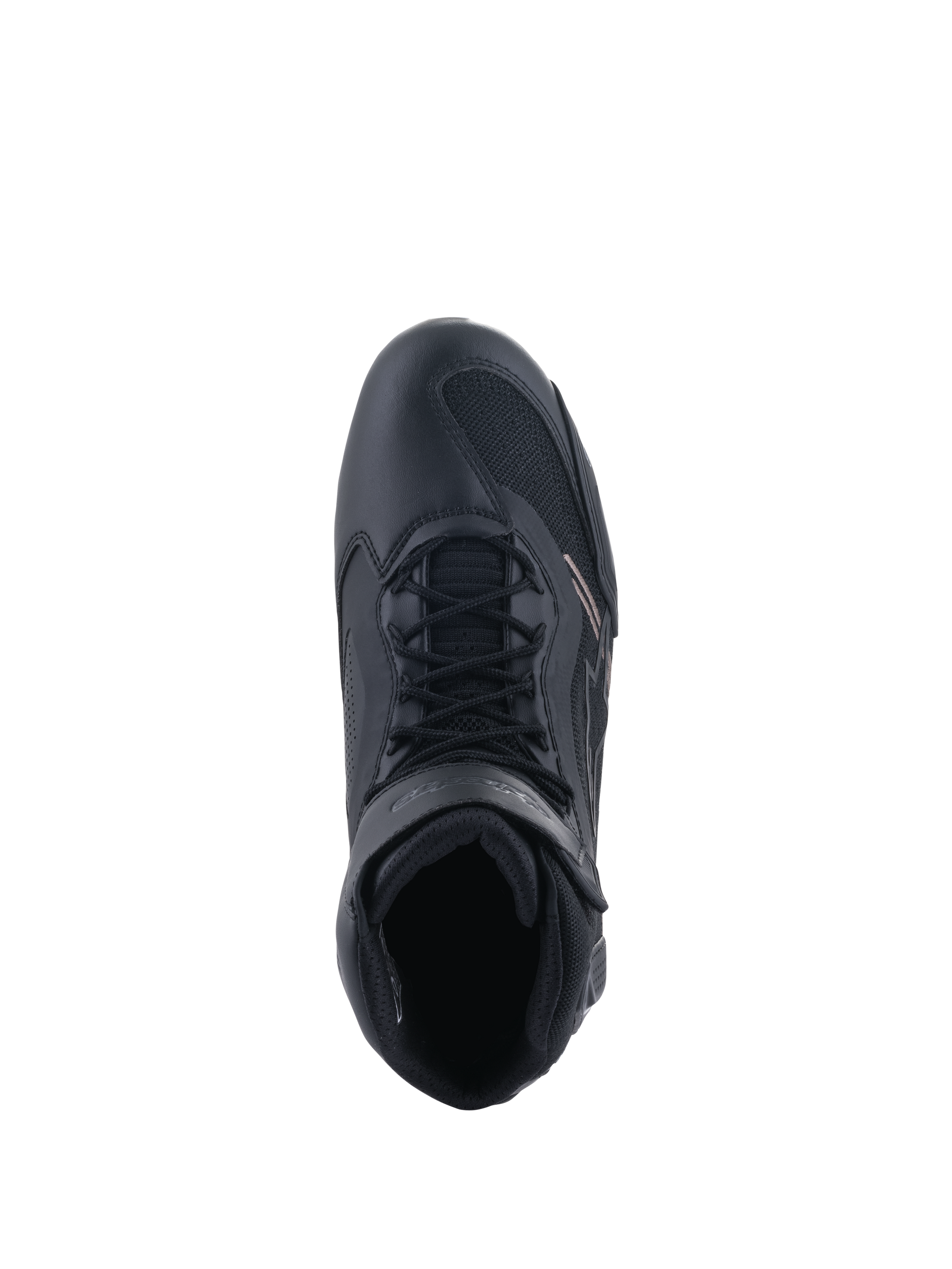 Alpinestars Faster-3 Rideknit® Shoes, Motorcycle Riding Shoes, Black, top-down view showing the lacing system and ankle strap, featuring a blend of breathable mesh and microfiber, sporty design for performance road riding