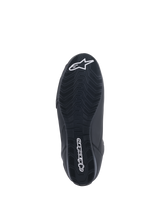 Alpinestars Faster-3 Rideknit® Shoes, motorcycle riding shoes, Black, bottom view of the sole featuring textured tread with white Alpinestars wordmark and star logo, designed for road racing performance