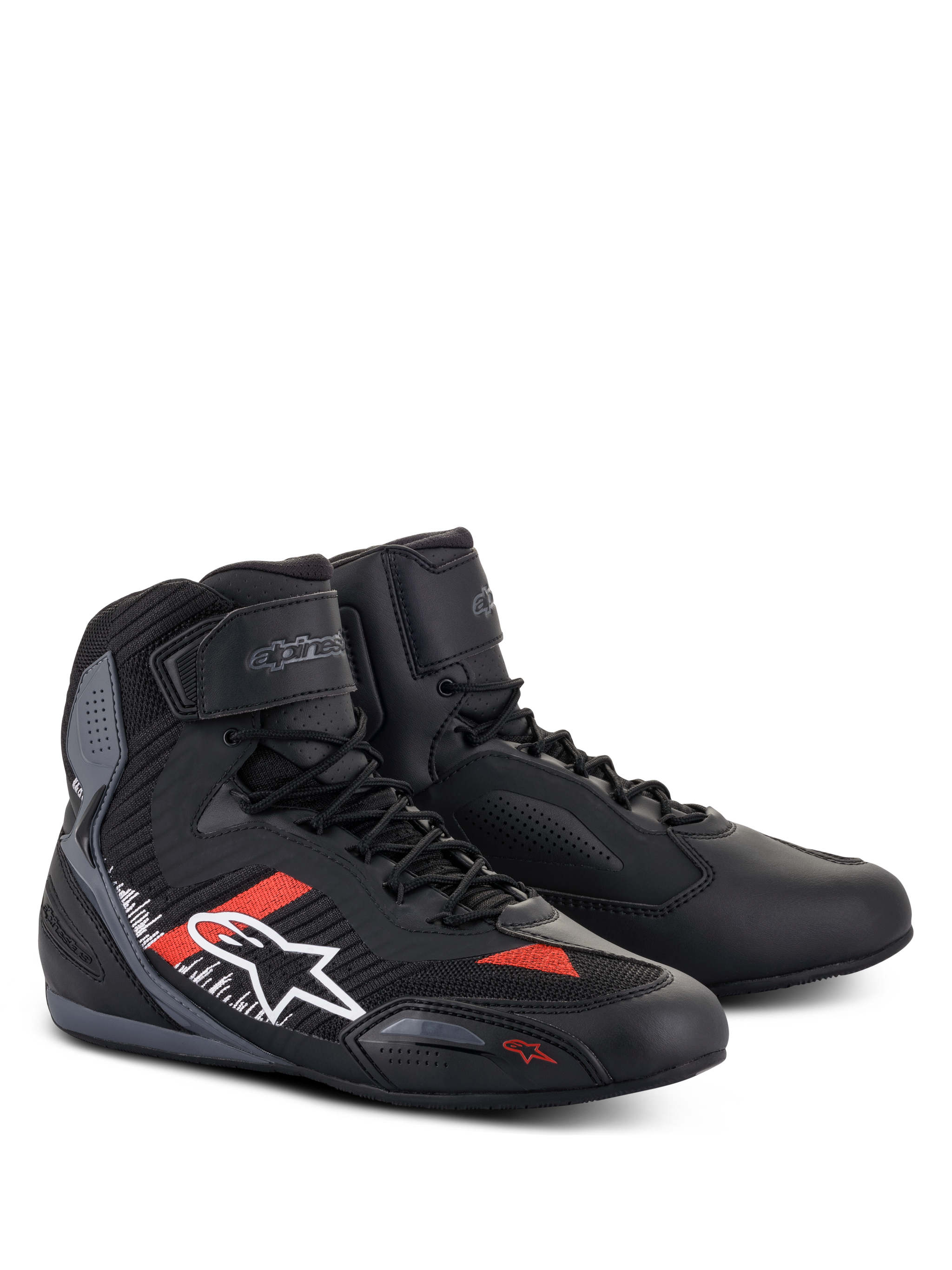 Alpinestars Faster-3 Rideknit® Shoes, Motorcycle Riding Shoes, Black Gray and Bright Red, featuring a microfiber and knitted textile upper, white Alpinestars logo on the side with red and white accents, lace-up closure with hook-and-loop ankle strap, and sleek road-racing design.