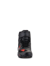 Alpinestars Faster-3 Rideknit® Shoes, Motorcycle Riding Shoes, Black Gray and Bright Red, front view showing black laces and Velcro strap with logo, lightweight microfiber and breathable mesh construction, sporty design for road riding