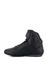 Alpinestars Faster-3 Rideknit® Shoes, Motorcycle Riding Shoes, Black, side profile view, sleek microfiber upper with perforated ventilation panels, lace-up closure with hook and loop ankle strap, sporty road racing-inspired design