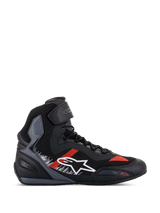 Alpinestars Faster-3 Rideknit Shoes, Motorcycle Riding Sneakers, Black with Gray and Bright Red Accents, High-Top Design with White Star Logo, Breathable Knit Construction, Ankle Strap, Gray Textured Panels, Black and Gray Sole