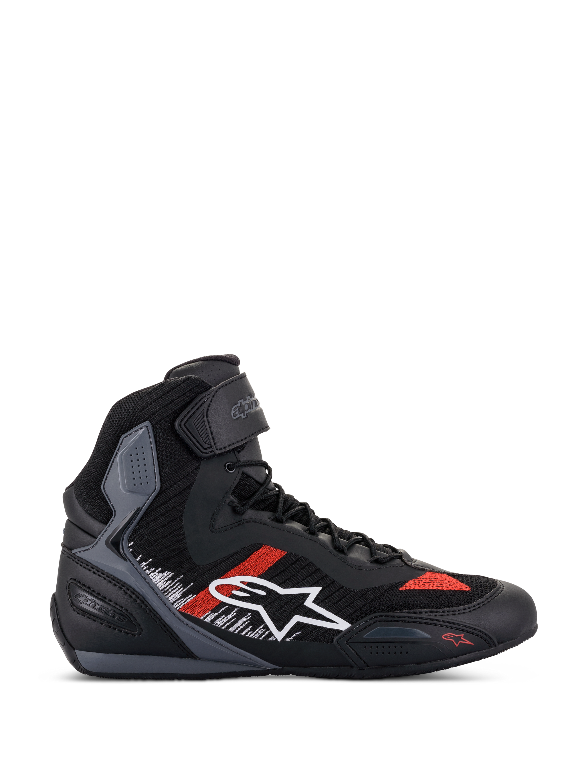 Alpinestars Faster-3 Rideknit Shoes, Motorcycle Riding Sneakers, Black with Gray and Bright Red Accents, High-Top Design with White Star Logo, Breathable Knit Construction, Ankle Strap, Gray Textured Panels, Black and Gray Sole