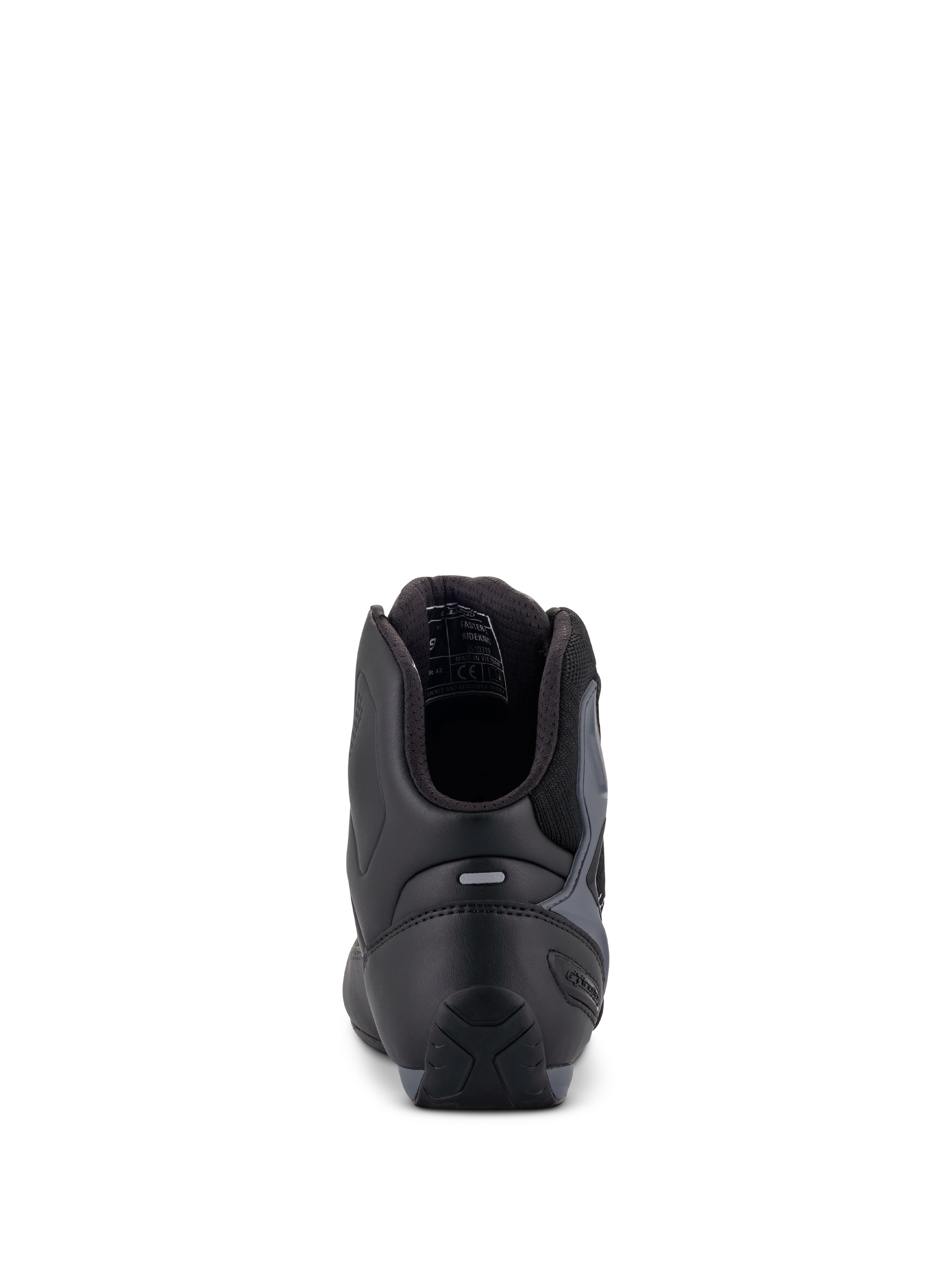 Alpinestars Faster-3 Rideknit® Shoes, Motorcycle Riding Shoes, Black Gray and Bright Red, rear view showing TPR heel counter and padded collar, sleek microfiber and textile construction