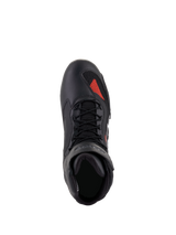 Alpinestars Faster-3 Rideknit® Shoes, Black Gray Bright Red, top-down view, featuring black microfiber chassis with a red knit accent on the toe, black laces, and padded collar, technical motorcycle riding footwear