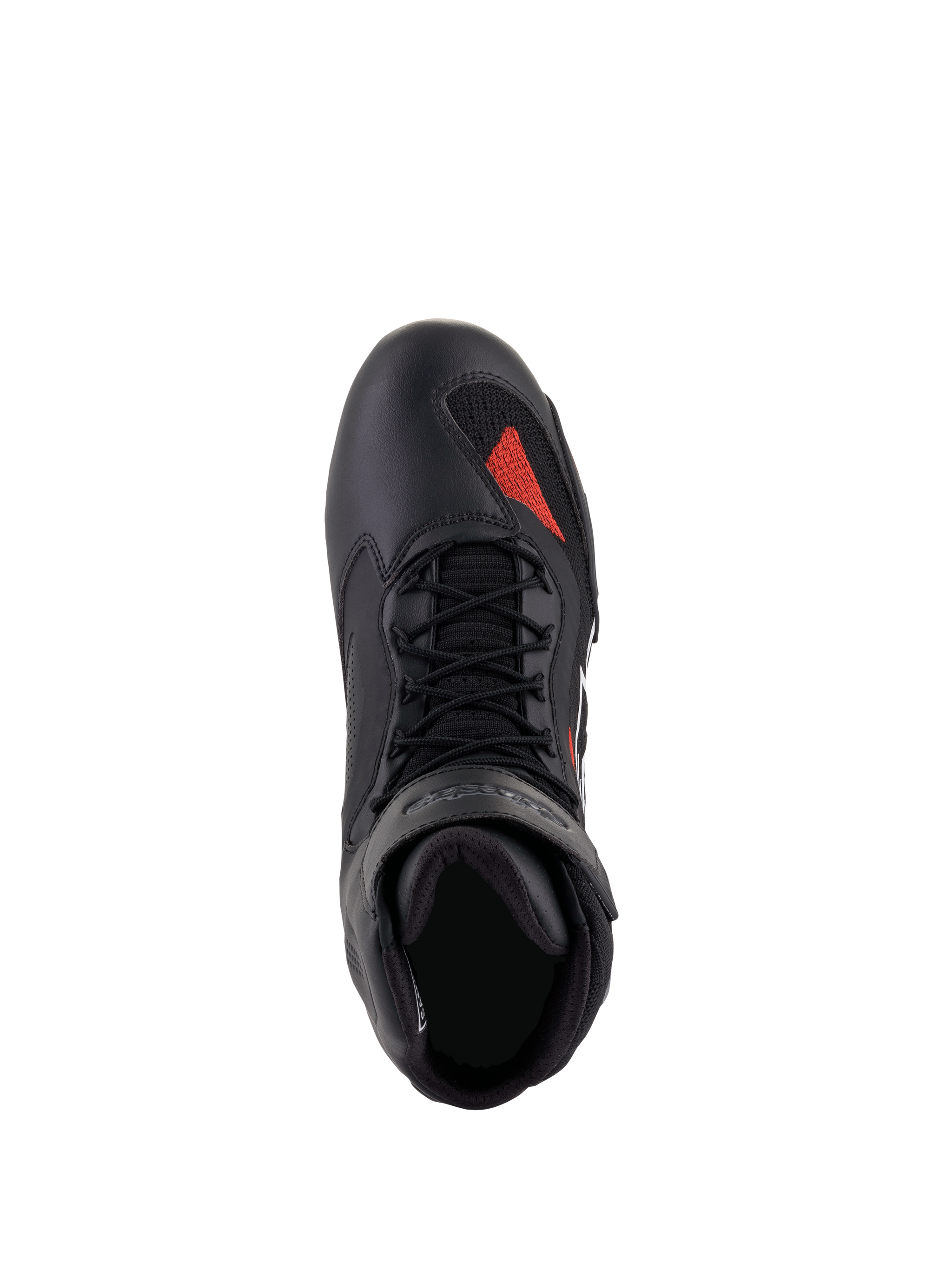 Alpinestars Faster-3 Rideknit® Shoes, Black Gray Bright Red, top-down view, featuring black microfiber chassis with a red knit accent on the toe, black laces, and padded collar, technical motorcycle riding footwear