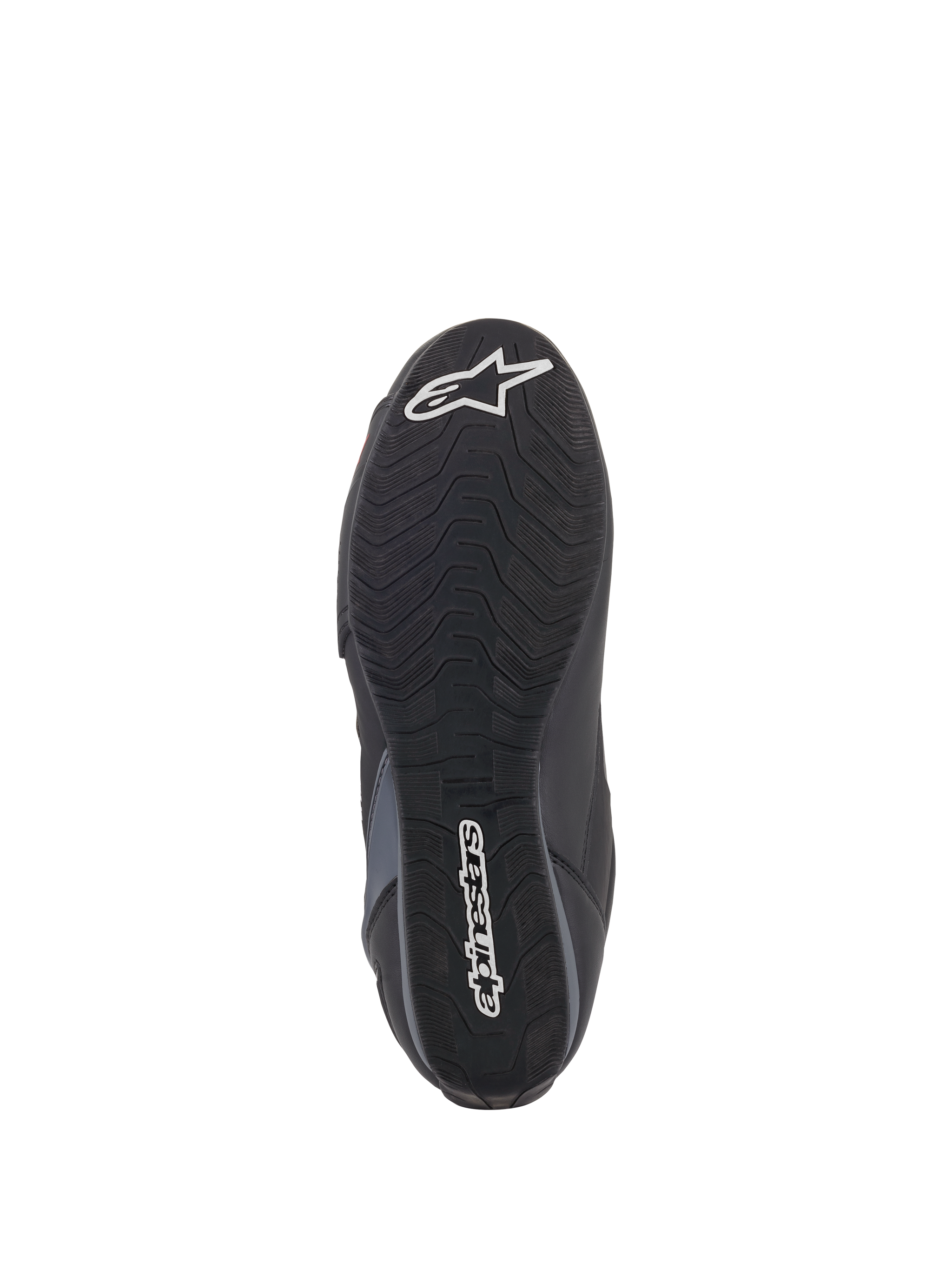 Alpinestars Faster-3 Rideknit® Shoes, sole view, black rubber outsole with wavy traction pattern, featuring white Alpinestars text and star logo, showing grip details for motorcycle riding