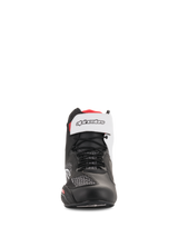 Alpinestars Faster-3 Rideknit® Shoes, Black White and Red, front-facing view, featuring black laces and a white hook-and-loop ankle strap with branding, breathable mesh and microfiber upper, performance motorcycle riding footwear