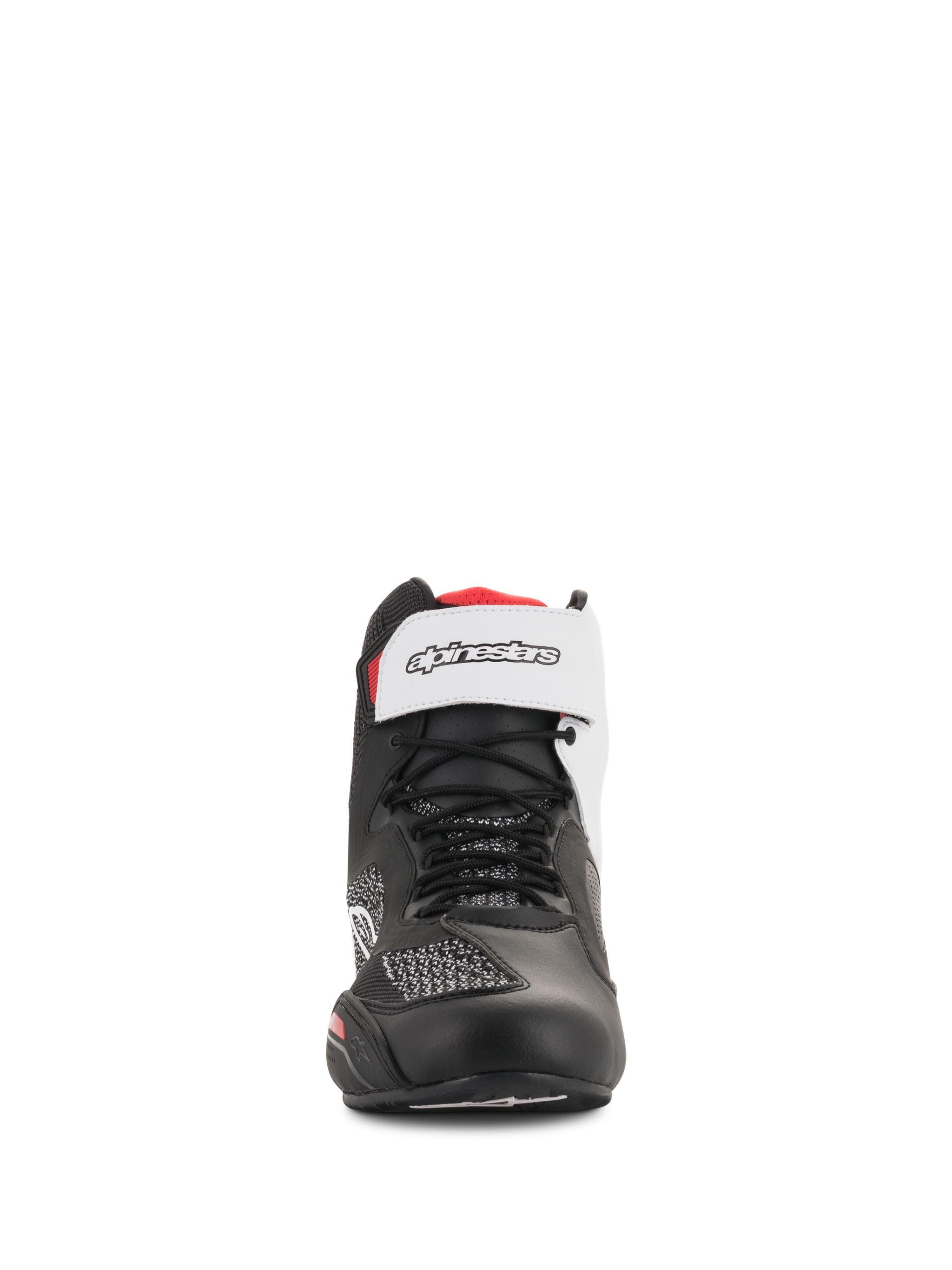 Alpinestars Faster-3 Rideknit® Shoes, Black White and Red, front-facing view, featuring black laces and a white hook-and-loop ankle strap with branding, breathable mesh and microfiber upper, performance motorcycle riding footwear