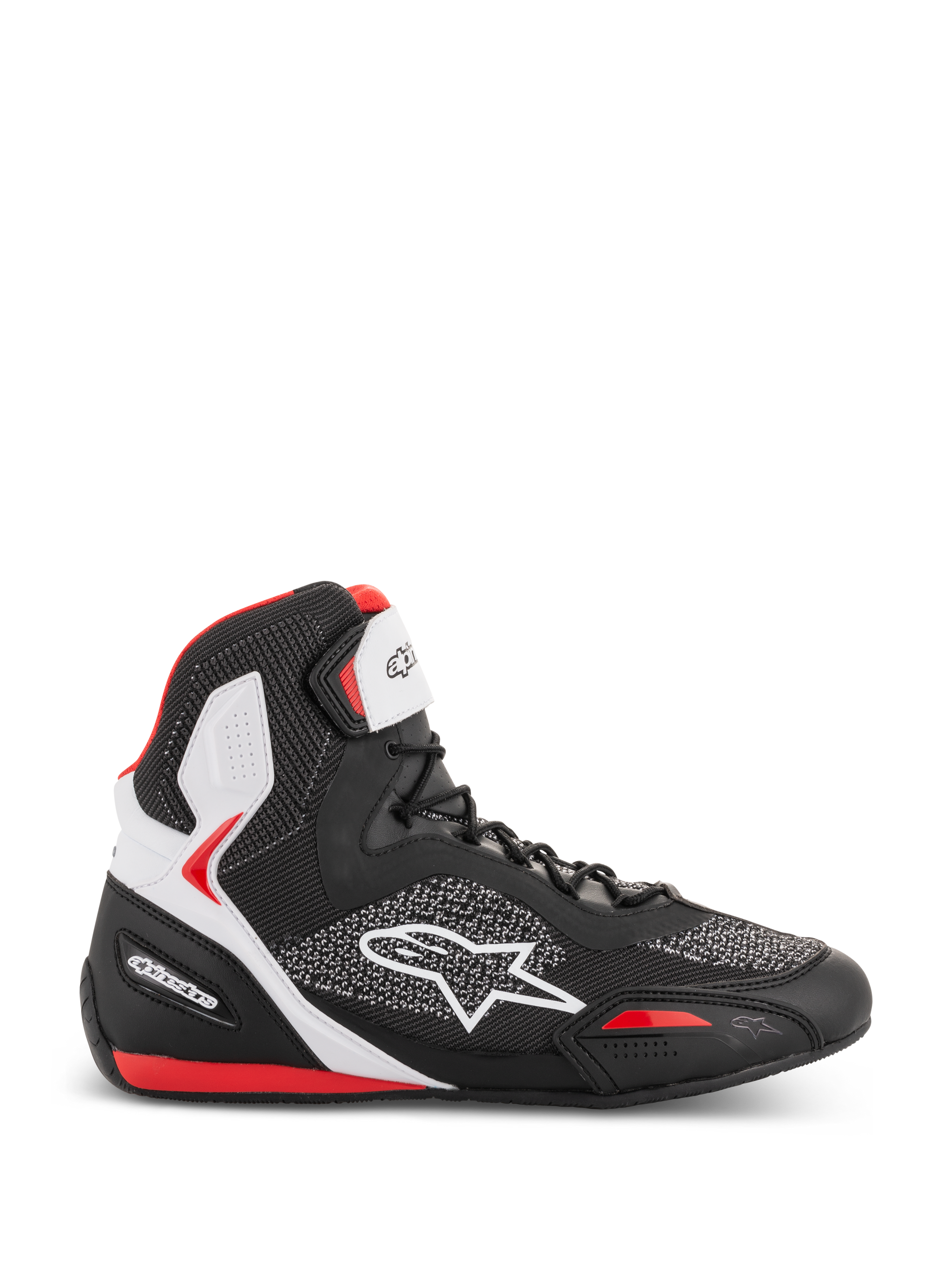 Alpinestars Faster-3 Rideknit Shoes, high-top motorcycle riding sneakers, black white and red, breathable knit mesh upper with white star logo, padded ankle support, sporty road racing design