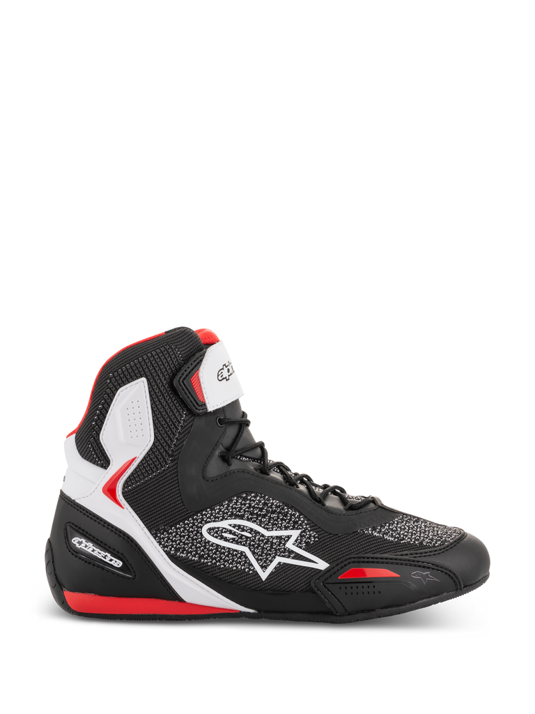 Alpinestars Faster-3 Rideknit Shoes, high-top motorcycle riding sneakers, black white and red, breathable knit mesh upper with white star logo, padded ankle support, sporty road racing design