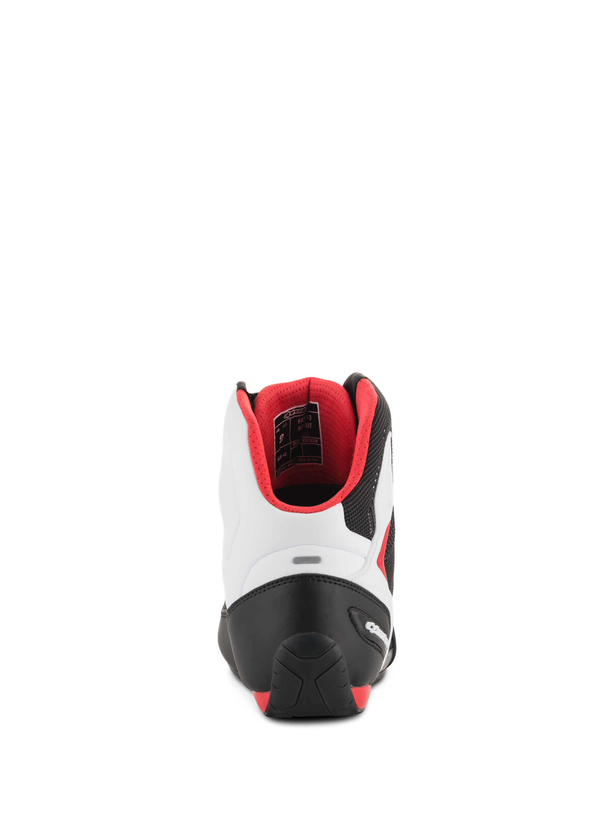 Alpinestars Faster-3 Rideknit® Shoes, Motorcycle Riding Shoes, Black White and Red, rear view showing the TPR heel counter and red interior mesh lining, sporty road racing design with a microfiber chassis
