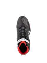 Alpinestars Faster-3 Rideknit® Shoes, motorcycle riding shoes, Black White and Red, top-down view featuring black microfiber construction, breathable knitted mesh panels, white Alpinestars branding, and a bright red interior lining