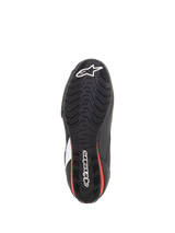 Alpinestars Faster-3 Rideknit® Shoes, Bottom View of Sole, Black and Red, Textured rubber outsole with white Alpinestars star and wordmark logos, road riding motorcycle footwear