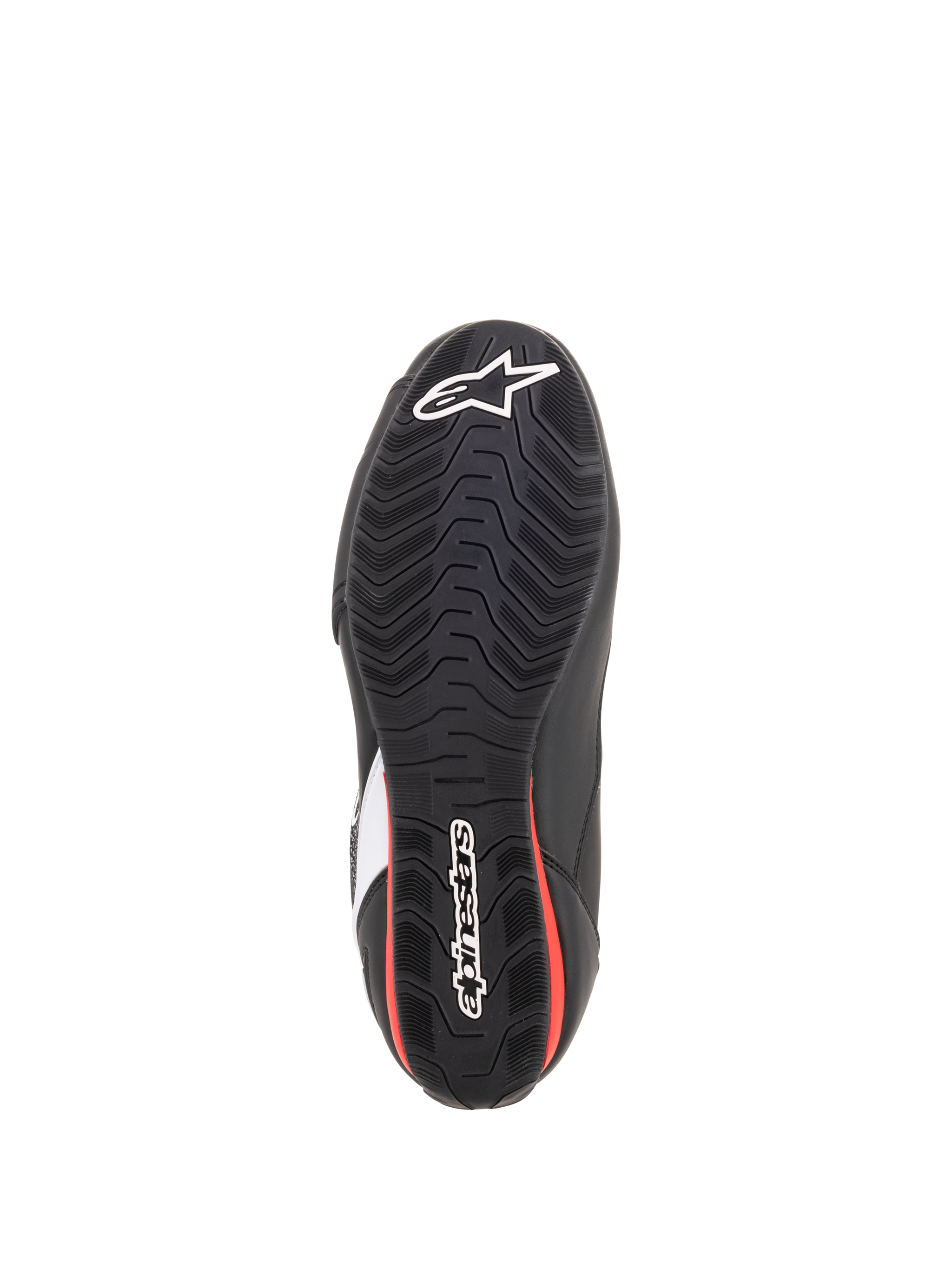 Alpinestars Faster-3 Rideknit® Shoes, Bottom View of Sole, Black and Red, Textured rubber outsole with white Alpinestars star and wordmark logos, road riding motorcycle footwear