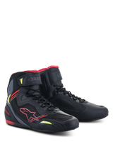 Alpinestars Faster-3 Rideknit® Shoes, Black Red Yellow Fluo, lightweight motorcycle riding shoes featuring a microfiber and mesh upper, red Alpinestars logo, and fluorescent yellow accents, high-top profile with lace-up closure and ankle strap.