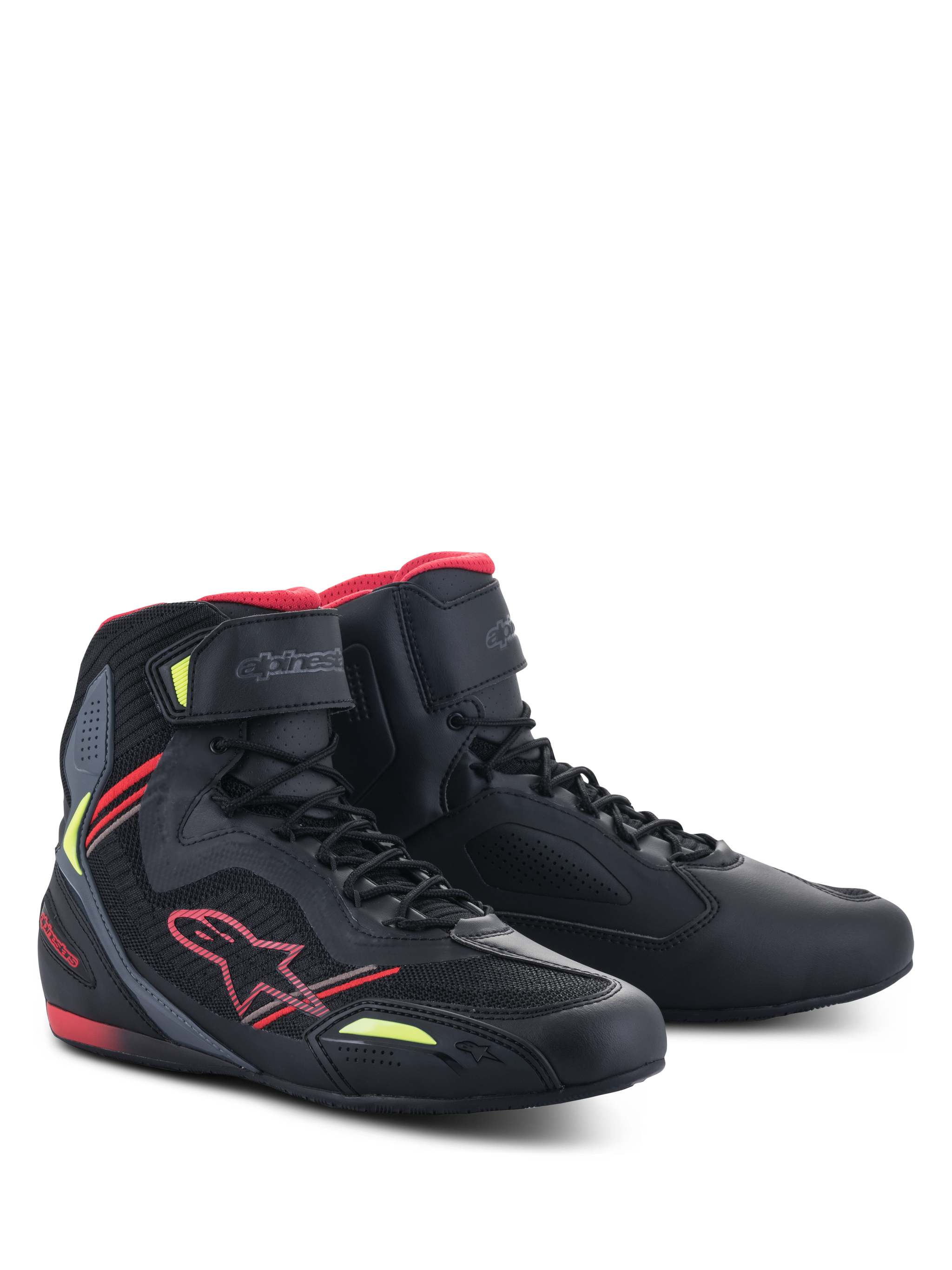 Alpinestars Faster-3 Rideknit® Shoes, Black Red Yellow Fluo, lightweight motorcycle riding shoes featuring a microfiber and mesh upper, red Alpinestars logo, and fluorescent yellow accents, high-top profile with lace-up closure and ankle strap.