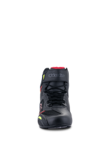 Alpinestars Faster-3 Rideknit® Shoes, Motorcycle Riding Shoes, Black with Red and Yellow Fluo accents, front view featuring laces, a velcro ankle strap, and breathable knit panels with red lining