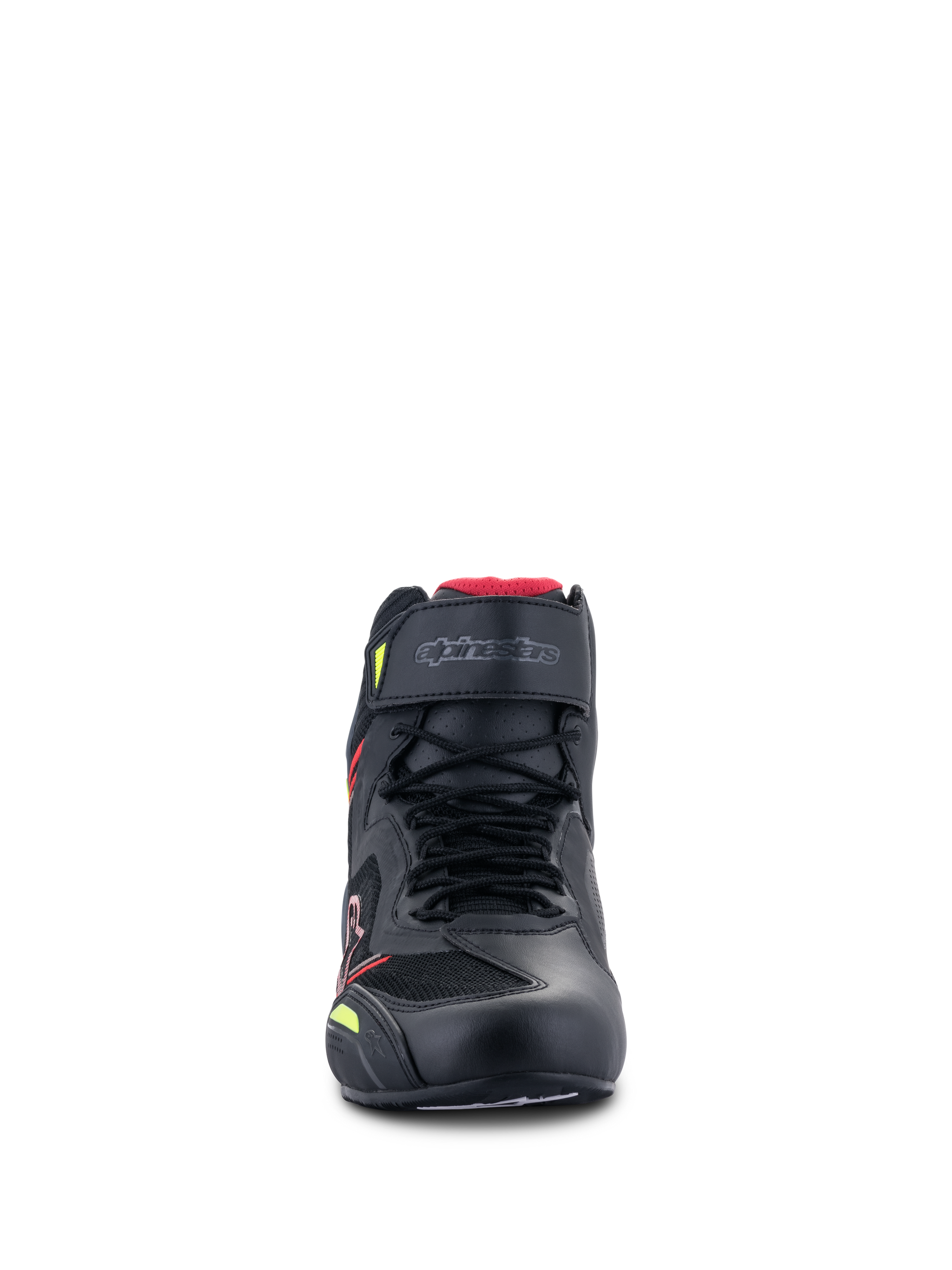 Alpinestars Faster-3 Rideknit® Shoes, Motorcycle Riding Shoes, Black with Red and Yellow Fluo accents, front view featuring laces, a velcro ankle strap, and breathable knit panels with red lining