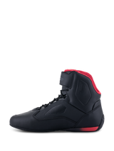 Alpinestars Faster-3 Rideknit® Shoes, Motorcycle Riding Shoes, Black and Red, side profile view, featuring red mesh lining, ankle strap, and perforated microfiber chassis