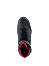 Alpinestars Faster-3 Rideknit® Shoes, top-down view of a black motorcycle riding shoe, featuring a red interior lining, black laces, breathable knit panels, and red and yellow fluo accents, lightweight sport riding footwear