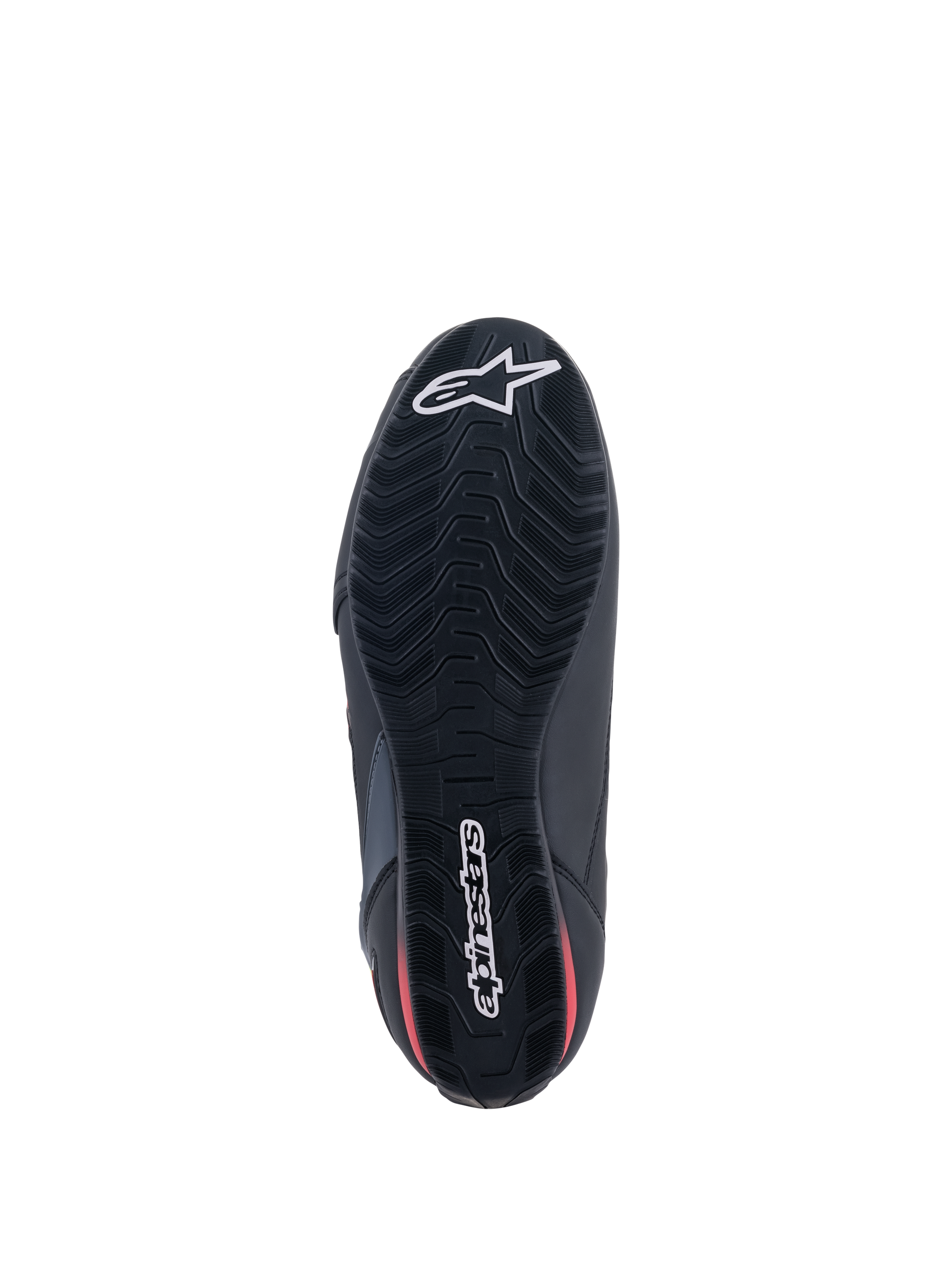Alpinestars Faster-3 Rideknit® Shoes, Bottom View, Black sole with red accents, featuring textured tread pattern for grip, white Alpinestars star logo on the toe and wordmark on the heel, lightweight motorcycle riding footwear