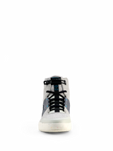 Alpinestars Circal Riding Shoes, Gray Black and Methyl Blue, front view of urban motorcycle footwear featuring a high-top design with canvas panels, black elasticated laces, and a speckled off-white sole