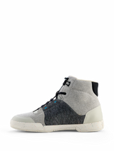 Alpinestars Circal Riding Shoes, Urban Motorcycle Footwear, Gray Black and Methyl Blue, side profile featuring canvas and recycled felt materials, speckled off-white sole, high-top casual style for urban riding