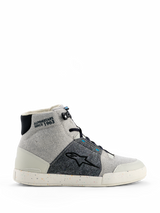Alpinestars Circal Riding Shoes, high-top motorcycle sneaker in Gray Black Methyl Blue, light gray canvas and dark gray textured fabric panels, white rubber sole with colorful recycled specks, black Alpinestars star logo, "ALPINESTARS SINCE 1963" ankle branding, modern urban riding style