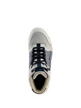 Alpinestars Circal Riding Shoes, Urban Motorcycle Shoes, Gray Black and Methyl Blue, top-down view showing black elasticated laces, light gray canvas toe box and collar, dark gray side panels with blue accents, protective and sustainable urban riding footwear