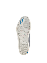 Alpinestars Circal Riding Shoes, outsole view, off-white recycled rubber sole with colorful speckles, hexagon grip pattern for traction, blue Alpinestars star logo, sustainable motorcycle footwear for urban riding