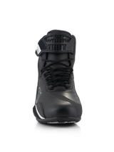 Alpinestars Faster-4 Shoes, Motorcycle Riding Shoes, Black, front view showing traditional lace closure and hook-and-loop strap, advanced microfiber upper with protective reinforcements, sleek and technical road riding footwear