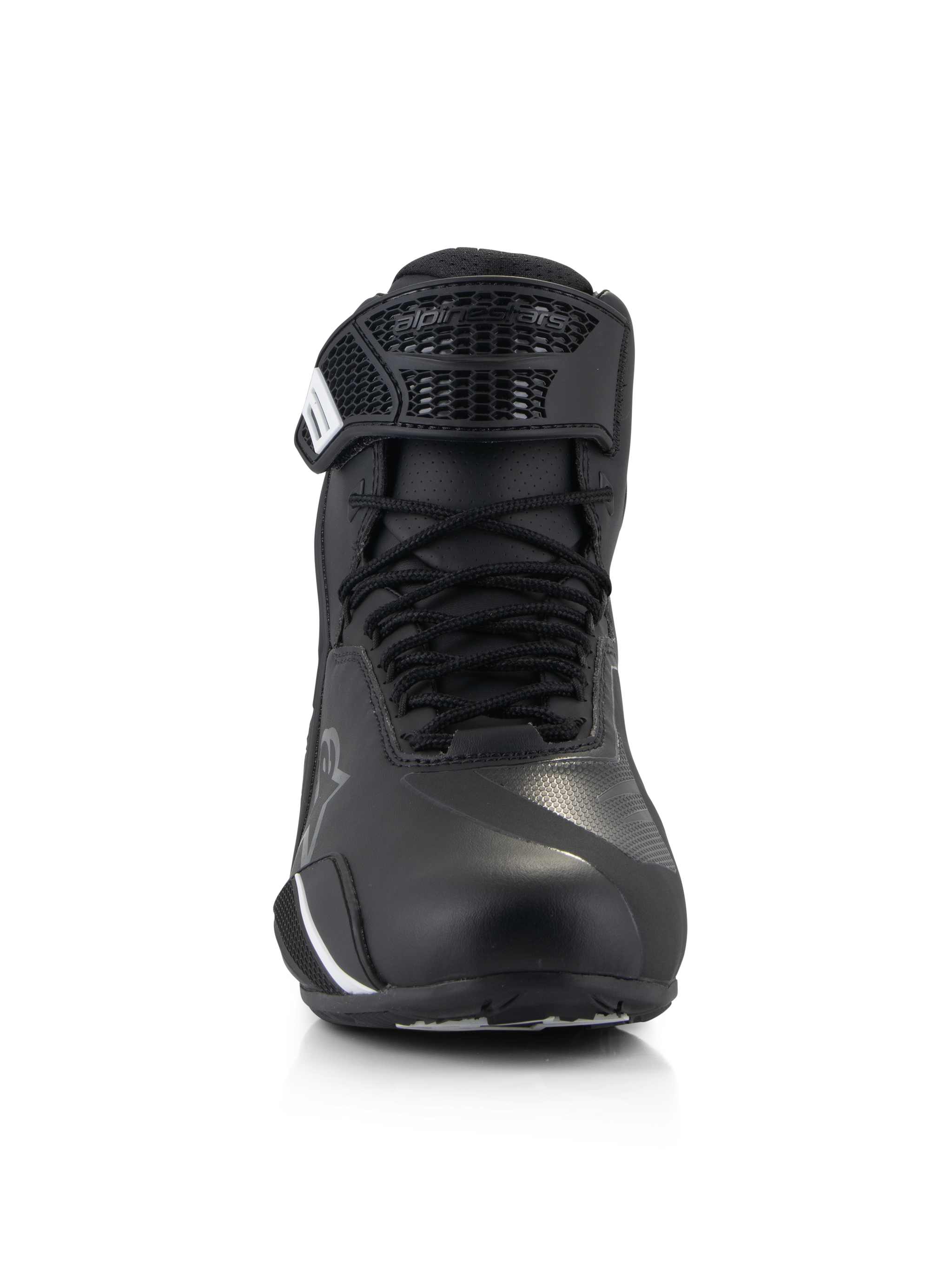 Alpinestars Faster-4 Shoes, Motorcycle Riding Shoes, Black, front view showing traditional lace closure and hook-and-loop strap, advanced microfiber upper with protective reinforcements, sleek and technical road riding footwear