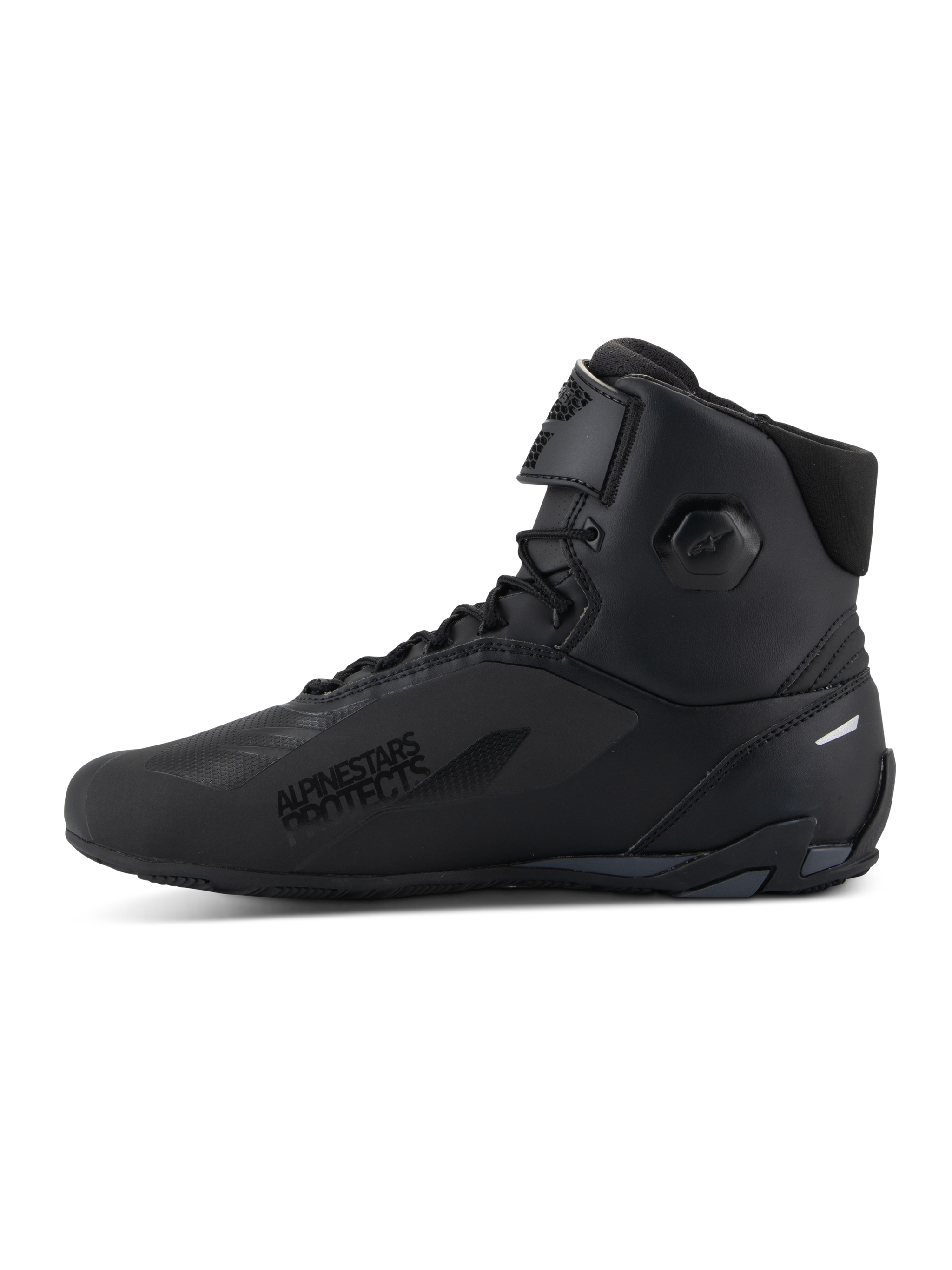 Alpinestars Faster-4 Shoes, Motorcycle Riding Shoes, Black, side profile view, high-top design with lace closure and adjustable top strap, 'Alpinestars Protects' text on lateral side, sleek microfiber upper with integrated protection zones