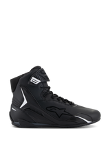 Alpinestars Faster-4 Shoes, Black High-Top Motorcycle Riding Shoe, Side Profile, Black with White Accents, Lace-Up with Hook-and-Loop Strap, Sporty Design with Padded Collar and TPU Protection