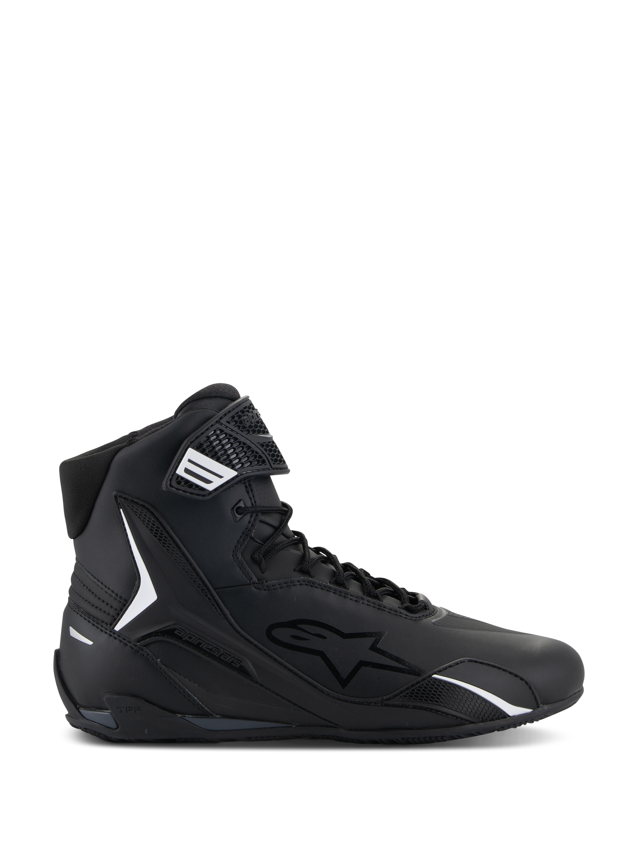 Alpinestars Faster-4 Shoes, Black High-Top Motorcycle Riding Shoe, Side Profile, Black with White Accents, Lace-Up with Hook-and-Loop Strap, Sporty Design with Padded Collar and TPU Protection