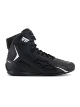 Alpinestars Faster-4 Shoes, Black High-Top Motorcycle Riding Shoe, Side Profile, Black with White Accents, Lace-Up with Hook-and-Loop Strap, Sporty Design with Padded Collar and TPU Protection