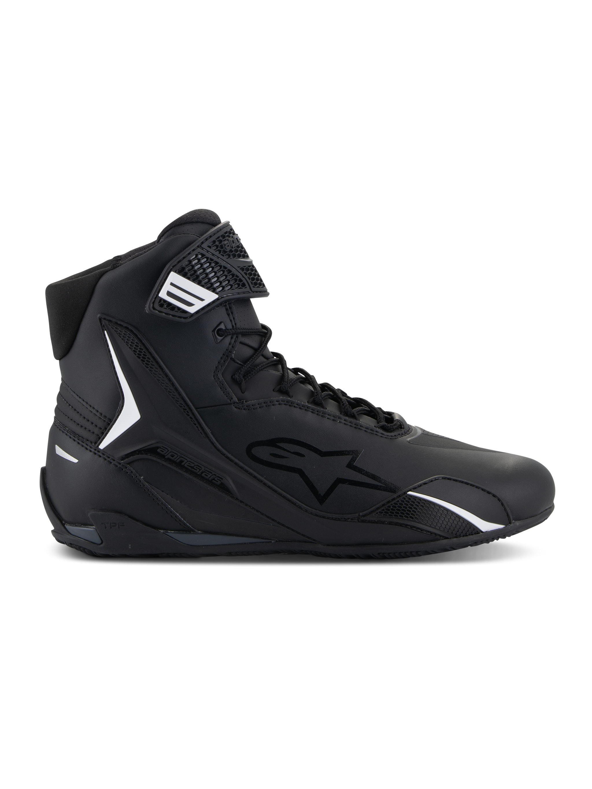 Alpinestars Faster-4 Shoes, Black High-Top Motorcycle Riding Shoe, Side Profile, Black with White Accents, Lace-Up with Hook-and-Loop Strap, Sporty Design with Padded Collar and TPU Protection