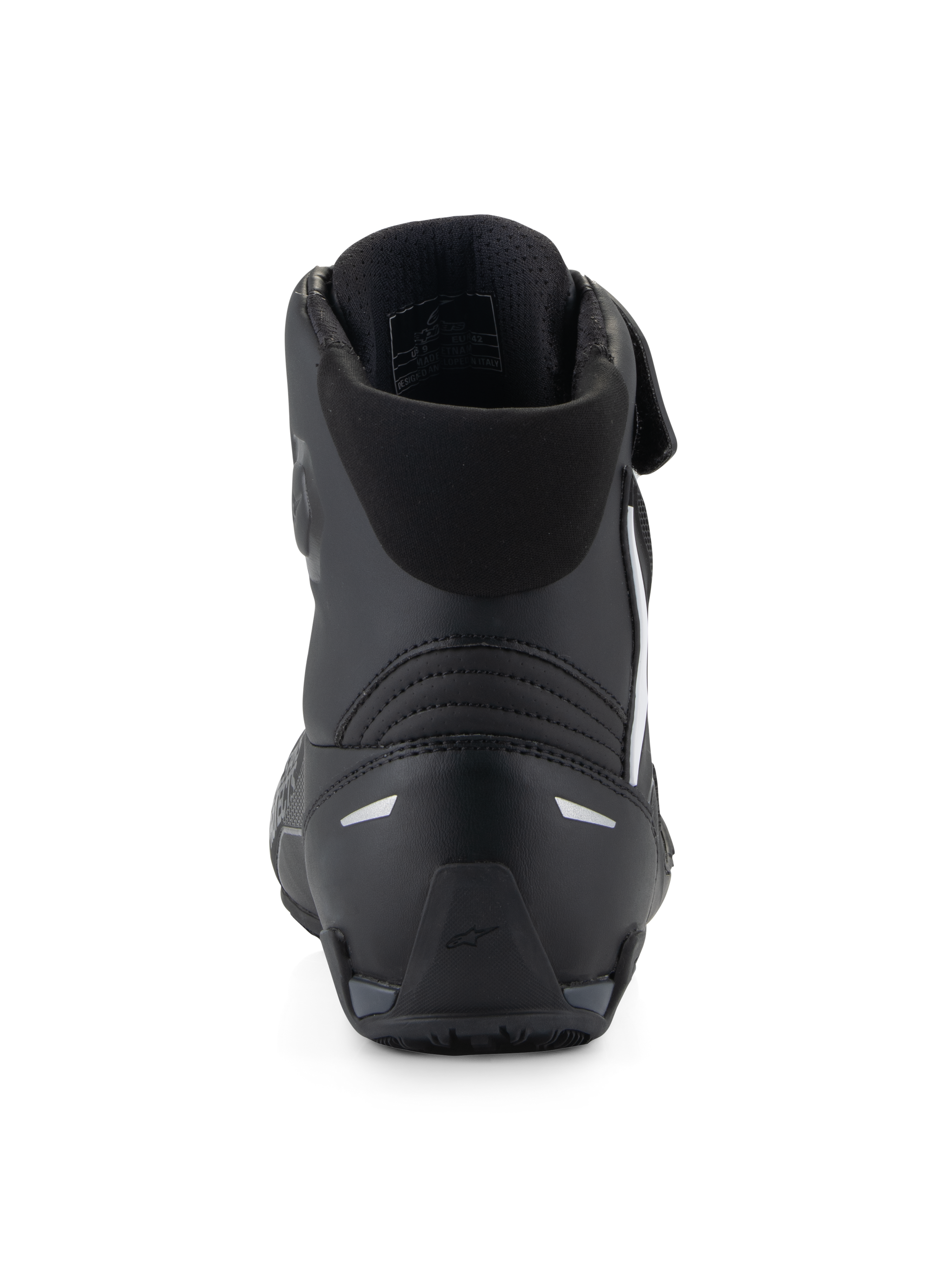 Alpinestars Faster-4 Shoes, Black Motorcycle Riding Shoes, rear view highlighting the TPR heel counter and reflective accents, padded textile collar, performance-driven design for sport road riding.