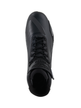 Alpinestars Faster-4 Shoes, Black Motorcycle Riding Shoes, top-down view, featuring traditional lace closure, seamless microfiber upper, and padded ankle collar.