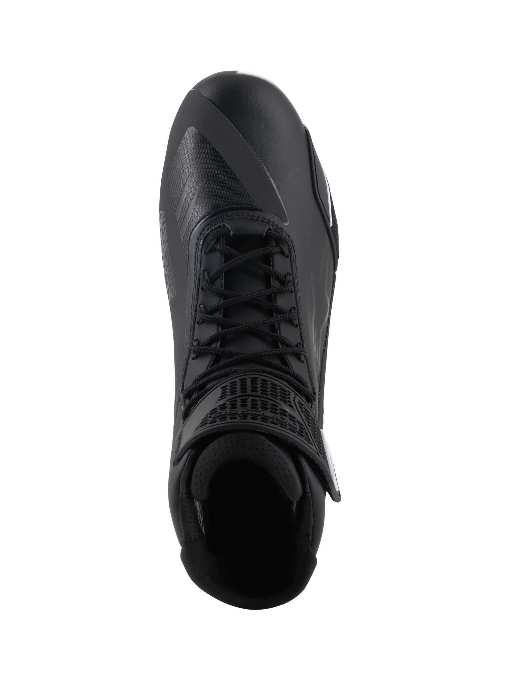 Alpinestars Faster-4 Shoes, Black Motorcycle Riding Shoes, top-down view, featuring traditional lace closure, seamless microfiber upper, and padded ankle collar.