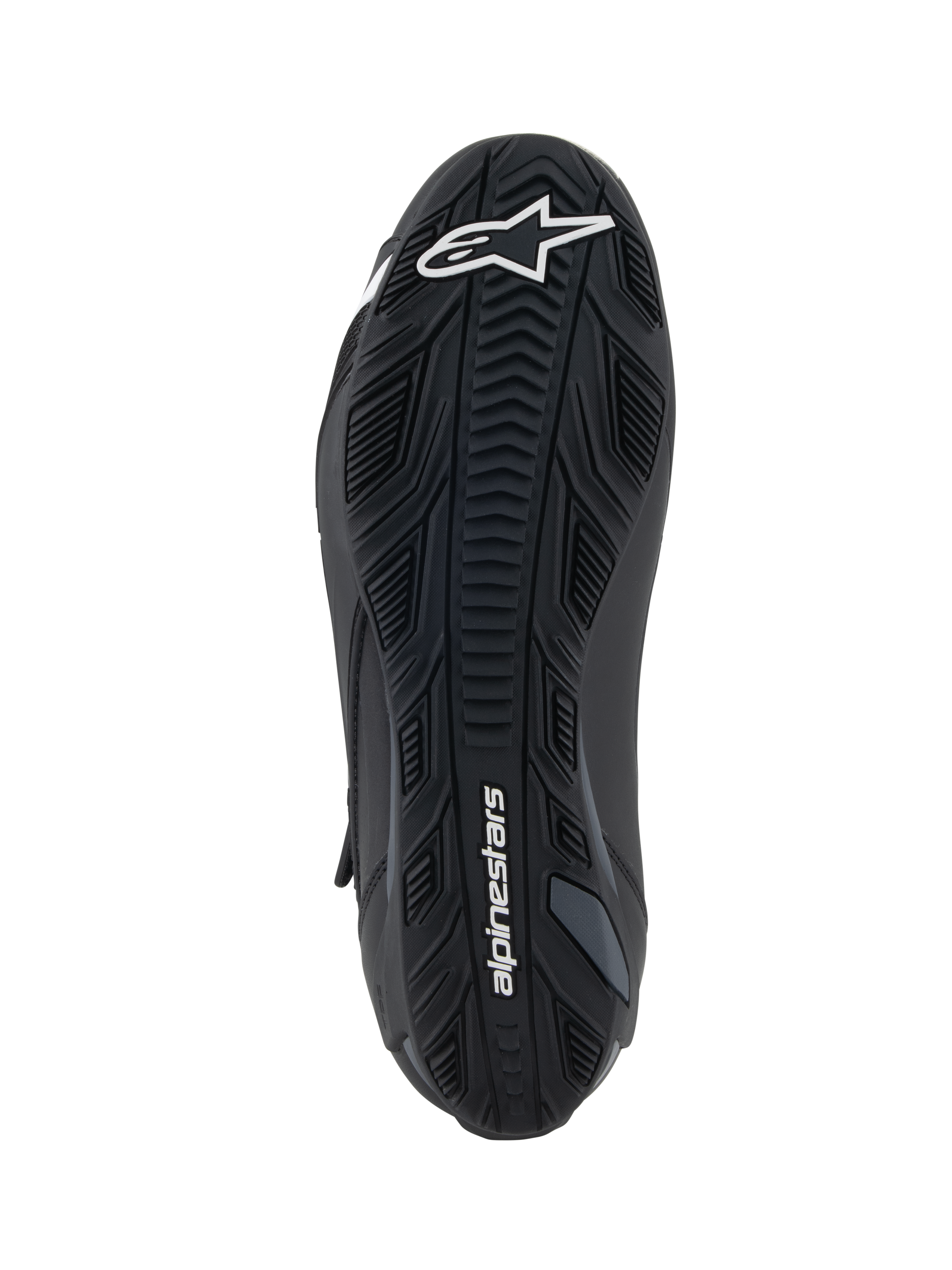 Alpinestars Faster-4 Shoes, Black, bottom view of the rubber outsole featuring textured grip patterns, white Alpinestars logo on the forefoot and branding on the heel, performance motorcycle riding shoe