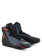 Alpinestars Faster-4 Shoes, motorcycle riding shoes, Black Gray and Red Fluo, seamless microfiber upper with protective TPU panels, lace closure with hook and loop strap, sporty aerodynamic profile for road riding